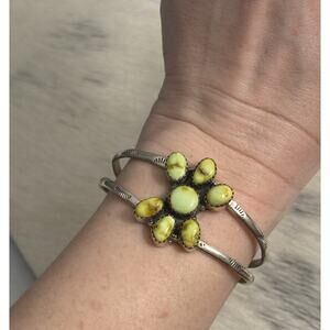 Sterling Silver Green Palomino Turquoise Cluster Cuff Bracelet Stamped Work 925